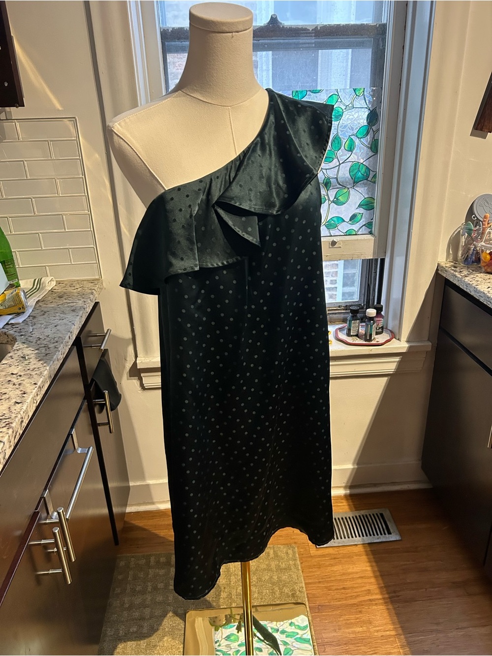 Madewell One-Shoulder Dark Green Polka Dot Ruffle Dress